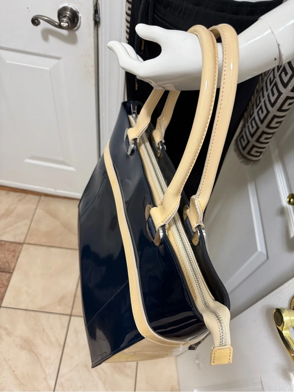 L.K Baanet Italian Patent Navy and Cream Tote Handbag
